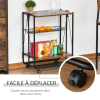 HOMCOM Desserte de cuisine chariot de service vintage style industriel 3 étagères - desserte pliable - métal noir aspect vieux bois(m-6)