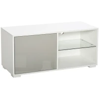 HOMCOM Meuble TV banc TV design contemporain - 2 niches étagère verre + placard porte - passe-fil - panneaux particules blanc gris(m-7)