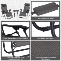 Outsunny Conjunto de 1 Mesa e 2 Espreguiçadeiras Conjunto de Exterior Dobrável e Portátil para Jardim Praia Relaxante com Encosto Reclinável Textilene Aço Cinza(m-7)
