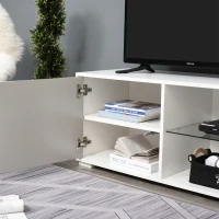 HOMCOM Meuble TV banc TV design contemporain - 2 niches étagère verre + placard porte - passe-fil - panneaux particules blanc gris(m-5)