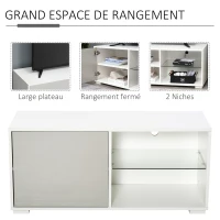 HOMCOM Meuble TV banc TV design contemporain - 2 niches étagère verre + placard porte - passe-fil - panneaux particules blanc gris(m-6)