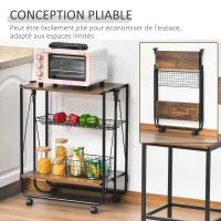 HOMCOM Desserte de cuisine chariot de service vintage style industriel 3 étagères - desserte pliable - métal noir aspect vieux bois(m-5)
