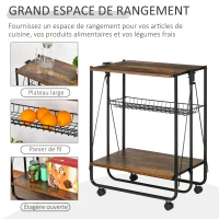 HOMCOM Desserte de cuisine chariot de service vintage style industriel 3 étagères - desserte pliable - métal noir aspect vieux bois(m-4)