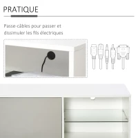 HOMCOM Meuble TV banc TV design contemporain - 2 niches étagère verre + placard porte - passe-fil - panneaux particules blanc gris(m-4)