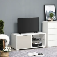 HOMCOM Meuble TV banc TV design contemporain - 2 niches étagère verre + placard porte - passe-fil - panneaux particules blanc gris(m-2)
