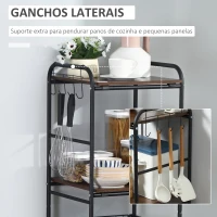 HOMCOM Carro de Cozinha com Rodas Carrinho Auxiliar de Armazenamento com 2 Prateleiras 2 Cestas Removíveis 4 Ganchos 40x38x111cm Nogueira e Preto(m-7)