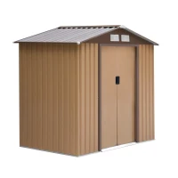 Outsunny Abrigo de Jardim 213x130x185cm Abrigo de Jardim Metálico de Exterior com 2 Portas Deslizantes e 4 Janelas Marrom Claro(m-1)