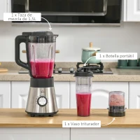 HOMCOM Batidora de Vaso 1000W Jarra de Cristal de 1.5L con 4 Programas 5 Velocidades Ajustables Cuchilla de 6 Hojas Acero Inoxidable y Botella Portátil 22,4x19x43 cm Negro(m-6)