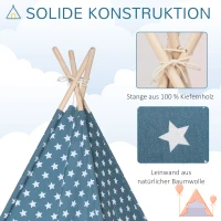 HOMCOM Kinder Tipi Tent met Vloermat en Kussen, Blauw+Wit, 120x120x155cm(m-7)