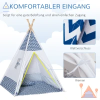 HOMCOM Tipi, Spielzelt für Kinder inkl. Bodenmatte u. Kissen, Blau+ Weiß, 120 x 120 x 155 cm(m-5)