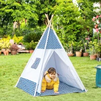 HOMCOM Tipi, Spielzelt für Kinder inkl. Bodenmatte u. Kissen, Blau+ Weiß, 120 x 120 x 155 cm(m-2)