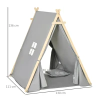 HOMCOM Kinder Teepee Tipi Zelt mit Fenster Indoor Outdoor Kinderspielzelt Spieltipi mit Kissen Polyester Kieferholz Lesen Spielen Ausruhen 3-6 Jahren Grau 130 x 115 x 136 cm(m-3)