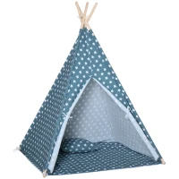 HOMCOM Kinder Tipi Tent met Vloermat en Kussen, Blauw+Wit, 120x120x155cm(m-1)