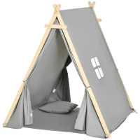 HOMCOM Kinder Teepee Tipi Zelt mit Fenster Indoor Outdoor Kinderspielzelt Spieltipi mit Kissen Polyester Kieferholz Lesen Spielen Ausruhen 3-6 Jahren Grau 130 x 115 x 136 cm(m-10)