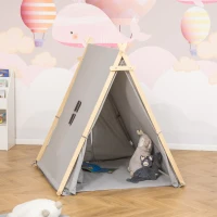HOMCOM Kinder Teepee Tipi Zelt mit Fenster Indoor Outdoor Kinderspielzelt Spieltipi mit Kissen Polyester Kieferholz Lesen Spielen Ausruhen 3-6 Jahren Grau 130 x 115 x 136 cm(m-2)