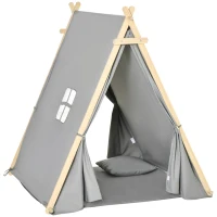 HOMCOM Kinder Teepee Tipi Zelt mit Fenster Indoor Outdoor Kinderspielzelt Spieltipi mit Kissen Polyester Kieferholz Lesen Spielen Ausruhen 3-6 Jahren Grau 130 x 115 x 136 cm(m-1)