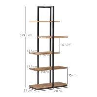 HOMCOM Libreria Moderna 5 Ripiani Asimmetrici in Stile Industriale, Legno Truciolare e Metallo, 80x39x179.5cm, Marrone(m-3)