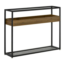 HOMCOM Tavolo Consolle in Stile Industriale, Struttura in Metallo, Legno e Vetro, 108x28x85cm, Marrone(m-1)