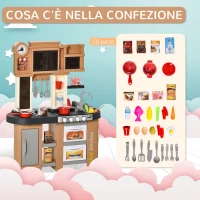 HOMCOM Cucina per Bambini 3-6 Anni con 58 Accessori, Fornelli con Suoni e Lavandino Funzionante, 63x35x84, Grigio Marrone(m-4)