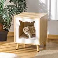 PawHut Casetta per Gatti 2 in 1 e Tavolino, Cuscino Lavabile e Gambe in Legno, 40x40x50cm(m-2)