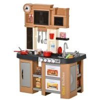 HOMCOM Cucina per Bambini 3-6 Anni con 58 Accessori, Fornelli con Suoni e Lavandino Funzionante, 63x35x84, Grigio Marrone(m-11)