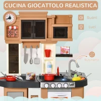 HOMCOM Cucina per Bambini 3-6 Anni con 58 Accessori, Fornelli con Suoni e Lavandino Funzionante, 63x35x84, Grigio Marrone(m-5)