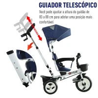 HOMCOM Triciclo  4 em 1 para Crianças acima de 18 Meses evolutivo Assento Giratório com Capuz  Barra Desmontável 118x53x105cm Azul(m-6)