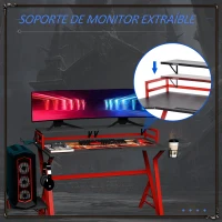HOMCOM Mesa Gaming Ergonómica 120 cm Escritorio Gaming desk para Computadora PC con Estantes de Monitor y Ganchos para Auriculares Fibra de Carbono 168x66x92,5 cm Negro y Rojo(m-5)