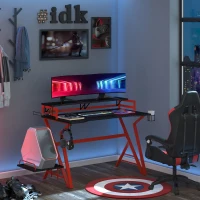 HOMCOM Mesa Gaming Ergonómica 120 cm Escritorio Gaming desk para Computadora PC con Estantes de Monitor y Ganchos para Auriculares Fibra de Carbono 168x66x92,5 cm Negro y Rojo(m-2)