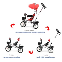 HOMCOM Triciclo para bebê acima de 18 meses 4 em 1 Evolutivo Giratório Brinquedo de Aprendizagem de Controle Parental 118x53x105 cm Vermelho(m-8)
