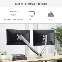Vinsetto Soporte Monitor Doble para Pantallas LED LCD de 13-32 Pulgadas VESA 75/100 mm con Brazo Ajustable y Giratorio 360° de Aluminio 2 Opciones de Montaje 93x11x47 cm Plata(m-4)