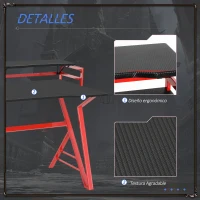 HOMCOM Mesa Gaming Ergonómica 120 cm Escritorio Gaming desk para Computadora PC con Estantes de Monitor y Ganchos para Auriculares Fibra de Carbono 168x66x92,5 cm Negro y Rojo(m-7)