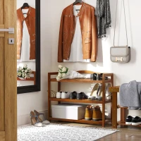 HOMCOM 3-Tier Shoe Rack, Acacia Wooden Shoe Storage Organiser with 2 Hangers, Holds up to 12 Pairs, for Entryway, Living Room, 74 x 26 x 62 cm, Teak(m-2)