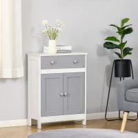 HOMCOM Armario Auxiliar con 1 Cajón 2 Puertas y Estante Ajustable para Baño Cocina Comedor 60x30x80 cm Blanco y Gris(m-2)