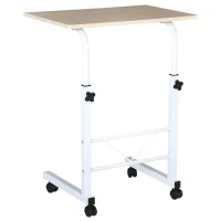 HOMCOM bijzettafel in hoogte verstelbare salontafel verrijdbaar bureau met wielen parkeerremmen C-vormige tafel spaanplaat staal ijzer kunststof wit esdoorn 60 x 40 x 68-78 cm(m-11)