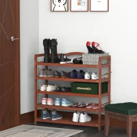 HOMCOM 5-Tier Shoe Rack, Acacia Wooden Shoe Storage Organiser with Hangers, Holds up to 24 Pairs, for Entryway, Living Room, 84 x 26 x 82 cm, Teak(m-2)