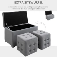 HOMCOM 3-delige bank met opbergruimte 2 x poef stoffering poef zitbank opbergbox voetenbank opvouwbaar belastbaar tot 130 kg microfiber schuim materiaal op houtbasis lichtgrijs 75x40x42 cm(m-7)