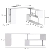 HOMCOM Mesa de Ordenador PC en Forma de L Escritorio de Oficina Mesa Esquinera Giratorio 360 grados Múltiformas para Interior 2 Estantes Librería(m-3)