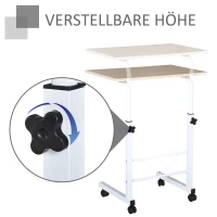 HOMCOM bijzettafel in hoogte verstelbare salontafel verrijdbaar bureau met wielen parkeerremmen C-vormige tafel spaanplaat staal ijzer kunststof wit esdoorn 60 x 40 x 68-78 cm(m-6)