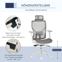 Vinsetto bureaustoel met hoofdsteun 3D-armleuning 3 niveaus in hoogte verstelbaar ergonomische netstof schuimgrijs 67 x 65 x 120-128 cm(m-6)