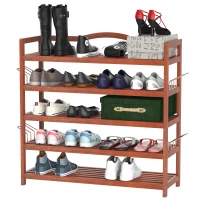 HOMCOM 5-Tier Shoe Rack, Acacia Wooden Shoe Storage Organiser with Hangers, Holds up to 24 Pairs, for Entryway, Living Room, 84 x 26 x 82 cm, Teak(m-7)