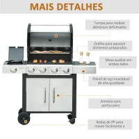 Outsunny Barbecue a Gás com Rodas Barbecue 4+1 Queimadores 3KW e Mesa Lateral Armário de Armazenamento Aço Inoxidável Barbecue a Gás 128x50x113cm Preto e Prata(m-6)