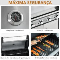 Outsunny Barbecue a Gás com Rodas Barbecue 4+1 Queimadores 3KW e Mesa Lateral Armário de Armazenamento Aço Inoxidável Barbecue a Gás 128x50x113cm Preto e Prata(m-5)