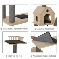 PawHut Kattenboom met loopwiel krabpaal met 4 verdiepingen kattenhuis met sisalpalen massief hout(m-5)