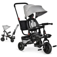 HOMCOM Trójkołowy rowerek dziecięcy 4 w 1 z pasem bezpieczeństwa i daszkiem przeciwsłonecznym kolor szary(m-1)