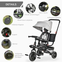 HOMCOM Trójkołowy rowerek dziecięcy 4 w 1 z pasem bezpieczeństwa i daszkiem przeciwsłonecznym kolor szary(m-4)