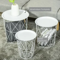 HOMCOM 3er-Set Beistelltisch mit Stauraum Nachttisch dekorativer Sofatisch mit abnehmbarem Deckel Korbablage Korbtisch Kaffeetisch Stahl Weiß Ø43 x 44,5 cm/Ø35 x 39,5 cm/Ø30 x 35,5 cm(m-5)