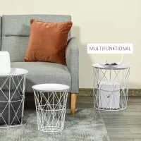 HOMCOM 3er-Set Beistelltisch mit Stauraum Nachttisch dekorativer Sofatisch mit abnehmbarem Deckel Korbablage Korbtisch Kaffeetisch Stahl Weiß Ø43 x 44,5 cm/Ø35 x 39,5 cm/Ø30 x 35,5 cm(m-6)