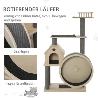PawHut Kattenboom met loopwiel krabpaal met 4 verdiepingen kattenhuis met sisalpalen massief hout(m-6)