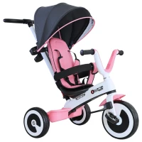 HOMCOM 4 in 1 Kinderdreirad Dreirad Kinder Fahrrad Rad Schubstange Sonnendach Sicherheitsgurt ab 18 Monate Rosa(m-11)